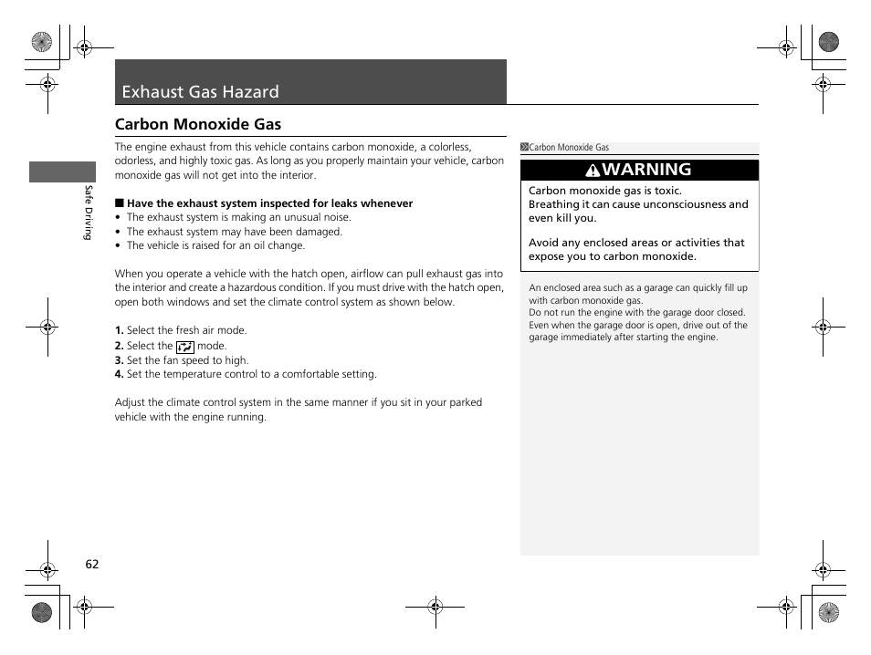 Exhaust gas hazard, P62), Carbon monoxide gas | Warning | HONDA 2014 CR-Z - Owner's Manual User Manual | Page 63 / 329