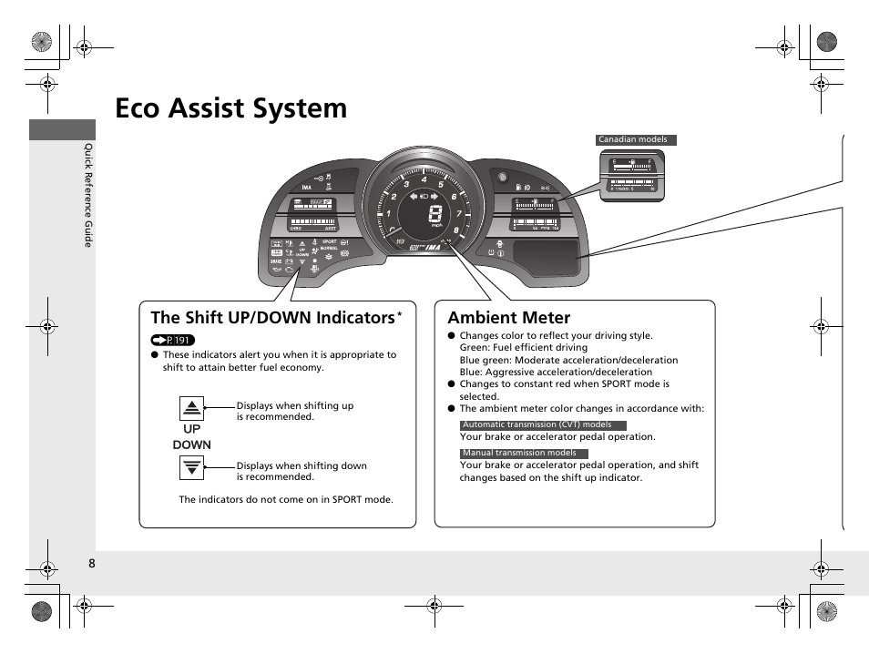 Eco assist system, The shift up/down indicators, Ambient meter | HONDA 2014 CR-Z - Owner's Manual User Manual | Page 9 / 329