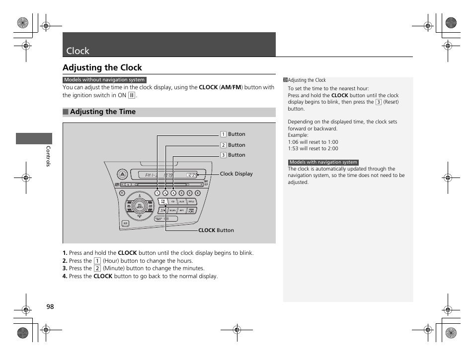 Clock p. 98, P98), Clock | Adjusting the clock | HONDA 2014 CR-Z - Owner's Manual User Manual | Page 99 / 329