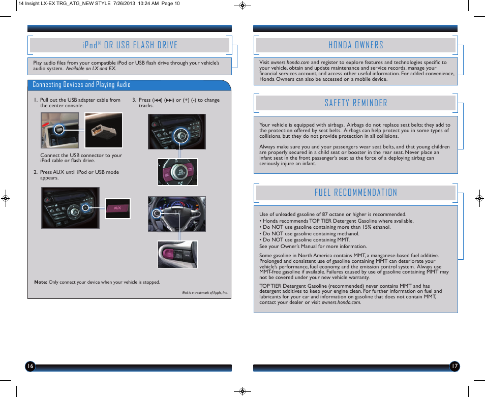 P.16, Ipod, Or usb flash drive | Honda owners, Safety reminder fuel recommendation | HONDA 2014 Insight (EX) - Technology Reference Guide User Manual | Page 10 / 10