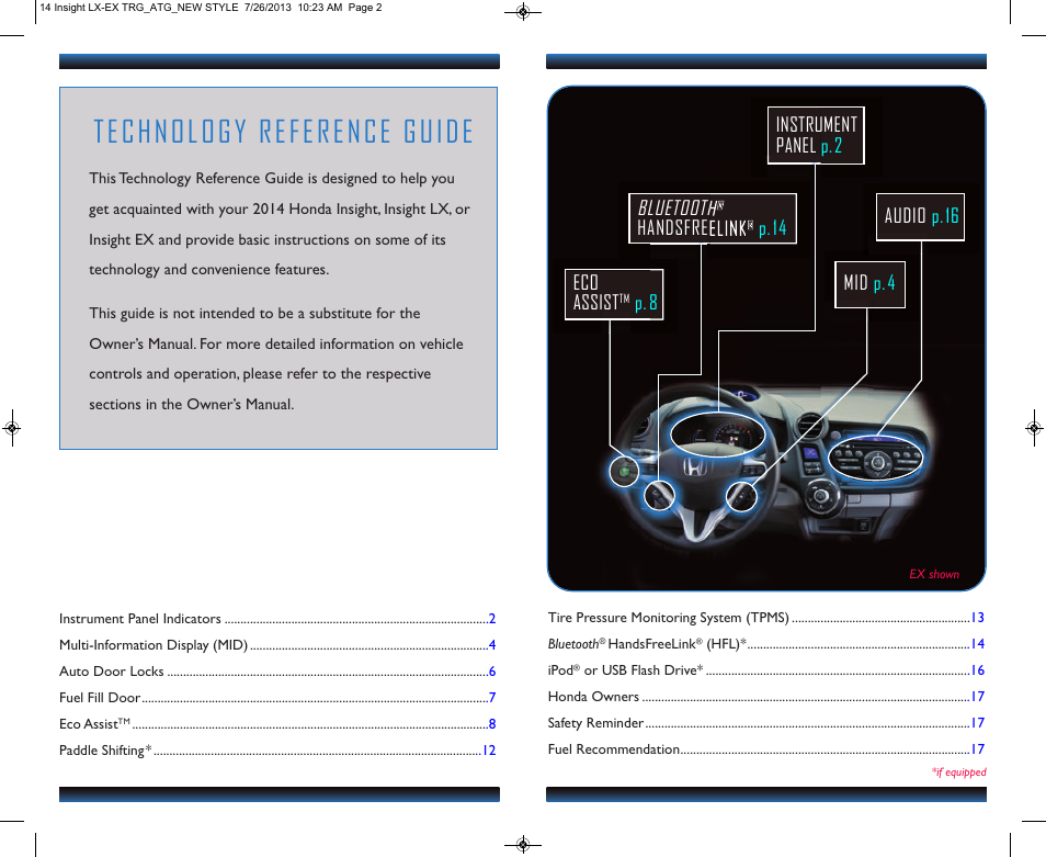 Technology reference guide, Eco assist, Bluetooth | Handsfreelink, P.14 p.8 | HONDA 2014 Insight (EX) - Technology Reference Guide User Manual | Page 2 / 10