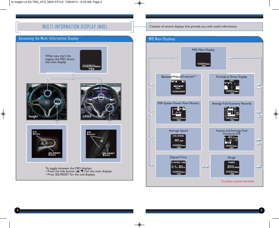 Multi-information display (mid), Accessing the multi-information display, Mid main displays | HONDA 2014 Insight (EX) - Technology Reference Guide User Manual | Page 4 / 10