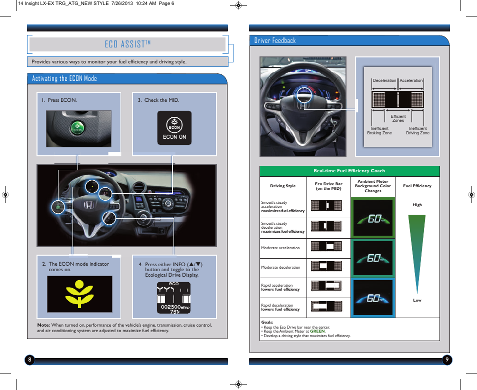 Eco assist, Activating the econ mode, Driver feedback | HONDA 2014 Insight (EX) - Technology Reference Guide User Manual | Page 6 / 10