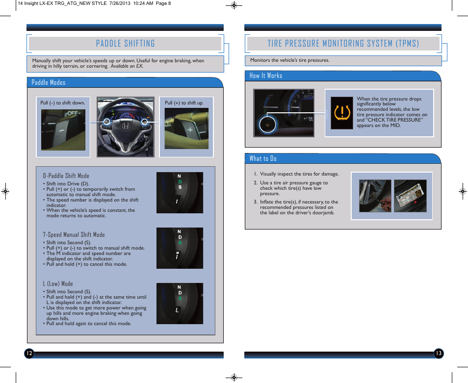 Paddle shifting, Tire pressure monitoring system (tpms) | HONDA 2014 Insight (EX) - Technology Reference Guide User Manual | Page 8 / 10