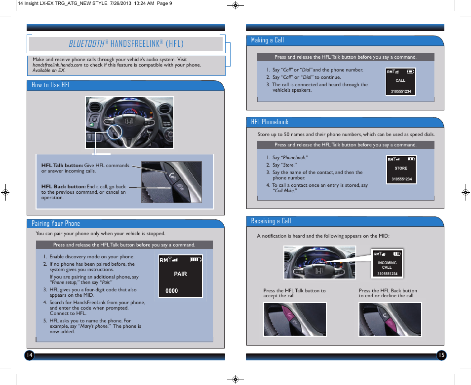 P.14, Bluetooth, Handsfreelink | Hfl), How to use hfl pairing your phone, Making a call, Receiving a call, Hfl phonebook | HONDA 2014 Insight (EX) - Technology Reference Guide User Manual | Page 9 / 10