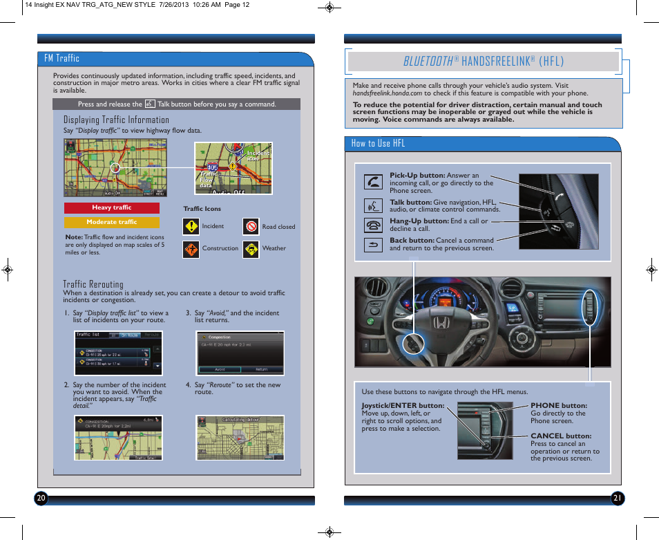 P.21, Bluetooth, Handsfreelink | Hfl), Fm traffic displaying traffic information, Traffic rerouting, How to use hfl | HONDA 2014 Insight (EX with Navigation) - Technology Reference Guide User Manual | Page 12 / 16