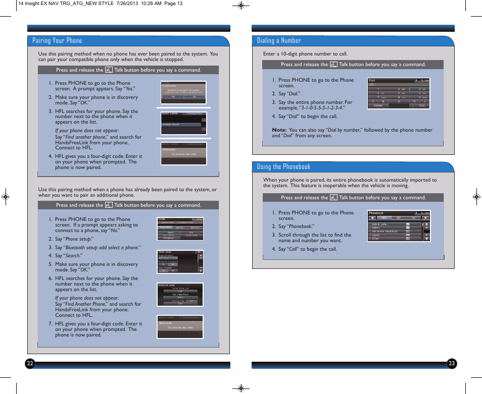 Pairing your phone, Dialing a number, Using the phonebook | HONDA 2014 Insight (EX with Navigation) - Technology Reference Guide User Manual | Page 13 / 16