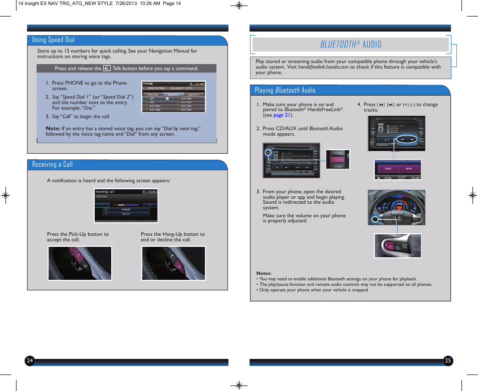 Bluetooth, Audio, Playing bluetooth audio | Receiving a call, Using speed dial | HONDA 2014 Insight (EX with Navigation) - Technology Reference Guide User Manual | Page 14 / 16