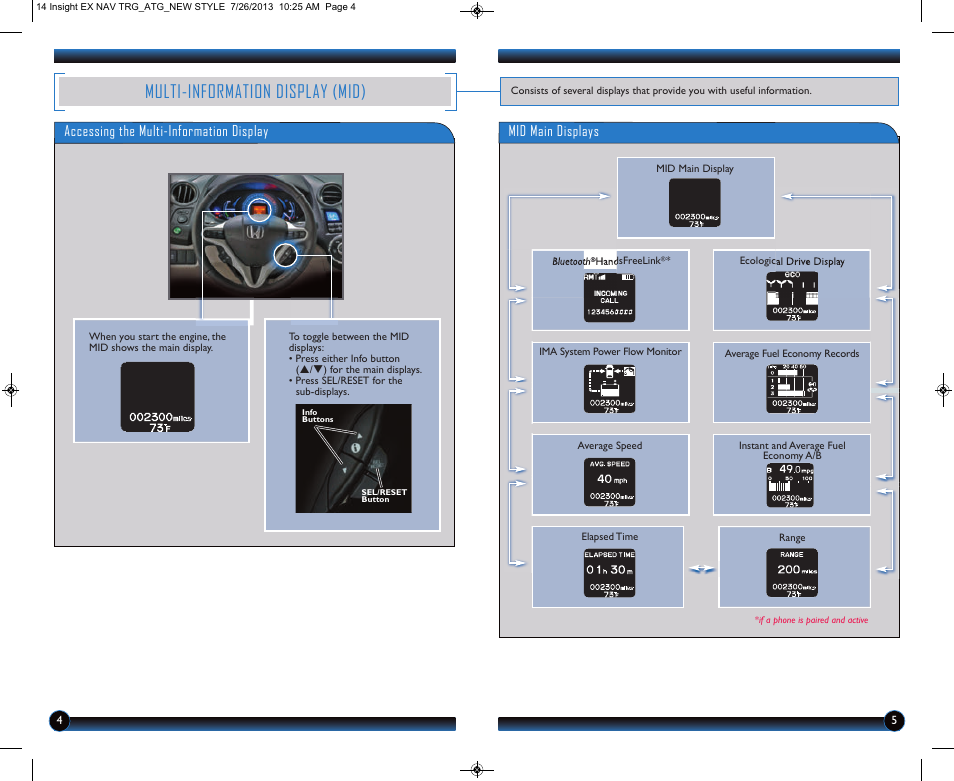 Multi-information display (mid), Accessing the multi-information display, Mid main displays | HONDA 2014 Insight (EX with Navigation) - Technology Reference Guide User Manual | Page 4 / 16