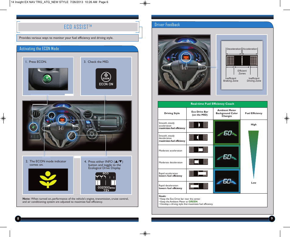 Eco assist, Activating the econ mode, Driver feedback | HONDA 2014 Insight (EX with Navigation) - Technology Reference Guide User Manual | Page 6 / 16