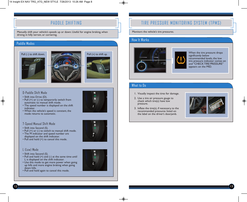 Paddle shifting, Tire pressure monitoring system (tpms) | HONDA 2014 Insight (EX with Navigation) - Technology Reference Guide User Manual | Page 8 / 16