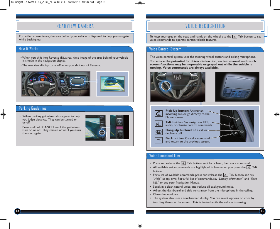 Voice recognition, Rearview camera | HONDA 2014 Insight (EX with Navigation) - Technology Reference Guide User Manual | Page 9 / 16