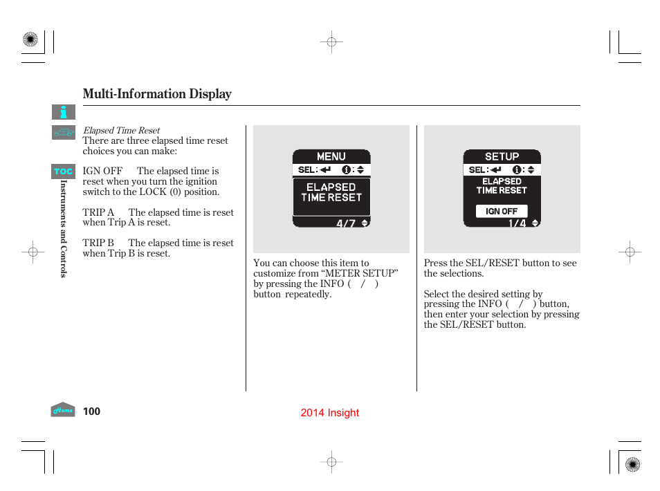 Multi-information display | HONDA 2014 Insight - Owner's Manual User Manual | Page 103 / 411