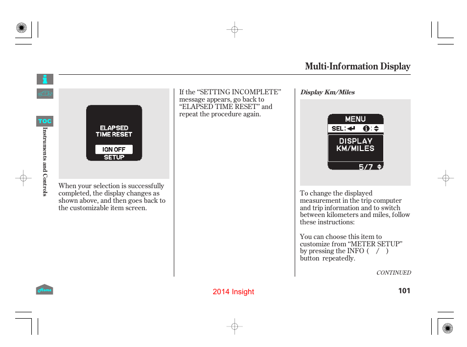 Multi-information display | HONDA 2014 Insight - Owner's Manual User Manual | Page 104 / 411