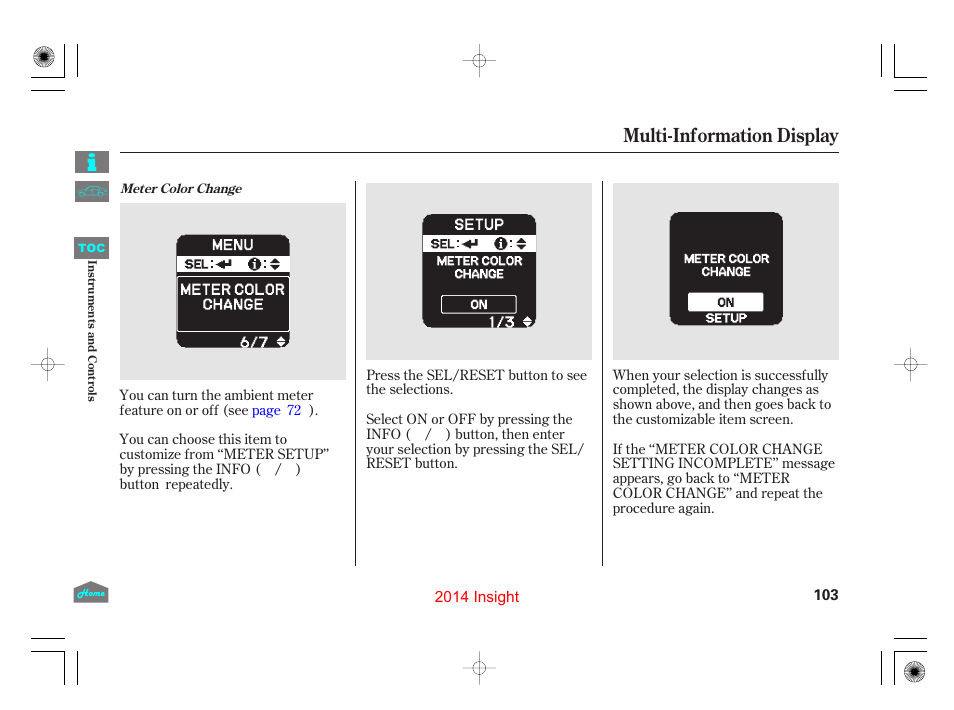 Multi-information display | HONDA 2014 Insight - Owner's Manual User Manual | Page 106 / 411