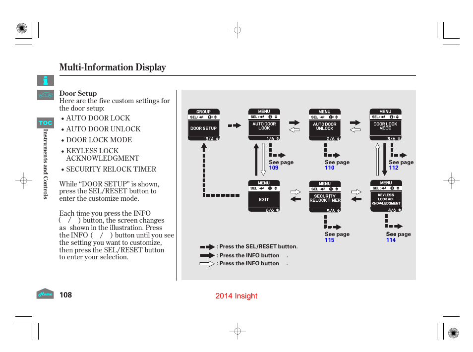 P.108, Multi-information display | HONDA 2014 Insight - Owner's Manual User Manual | Page 111 / 411