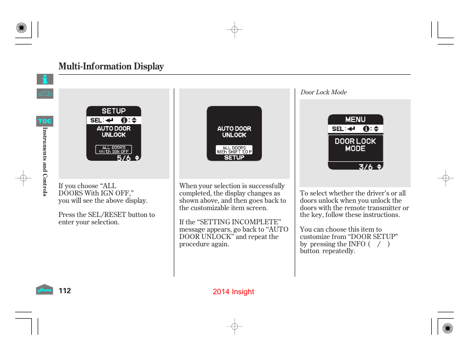 Multi-information display | HONDA 2014 Insight - Owner's Manual User Manual | Page 115 / 411