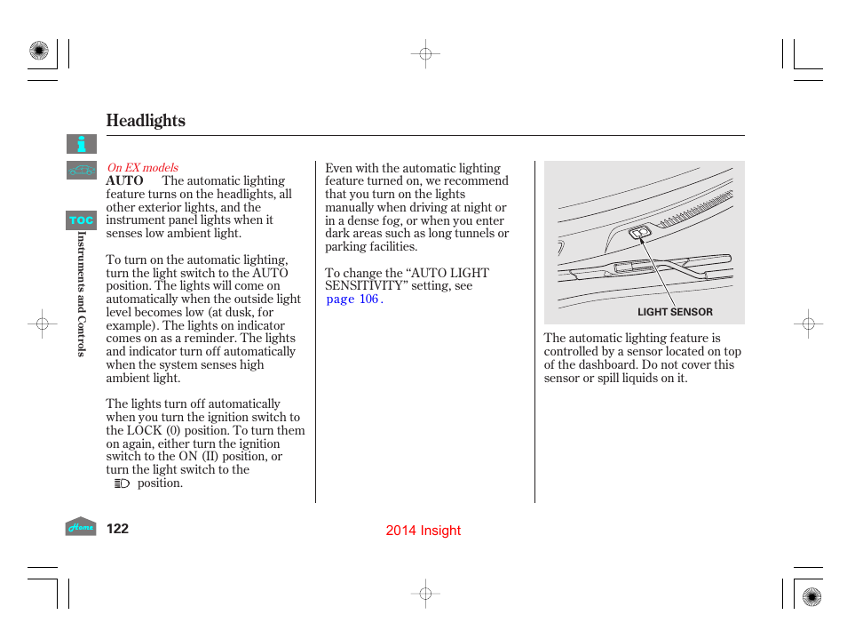 Headlights | HONDA 2014 Insight - Owner's Manual User Manual | Page 125 / 411