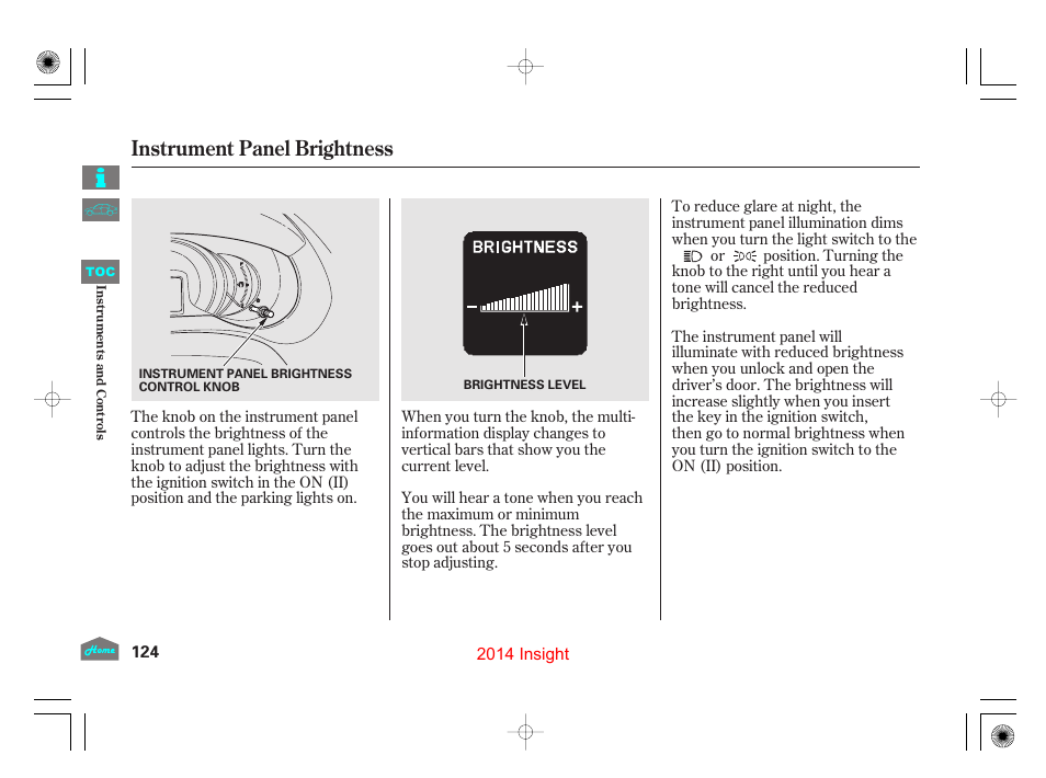 Instrument panel brightness, P.124), P.124 | HONDA 2014 Insight - Owner's Manual User Manual | Page 127 / 411