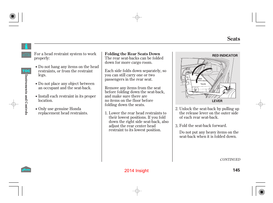 Folding the rear seats down, Seats | HONDA 2014 Insight - Owner's Manual User Manual | Page 148 / 411