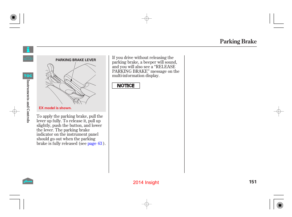 Parking brake, P.151 | HONDA 2014 Insight - Owner's Manual User Manual | Page 154 / 411