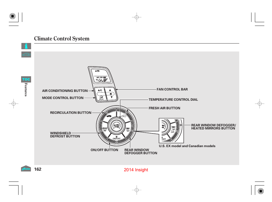 Climate control system, P.162), P.162 | HONDA 2014 Insight - Owner's Manual User Manual | Page 165 / 411