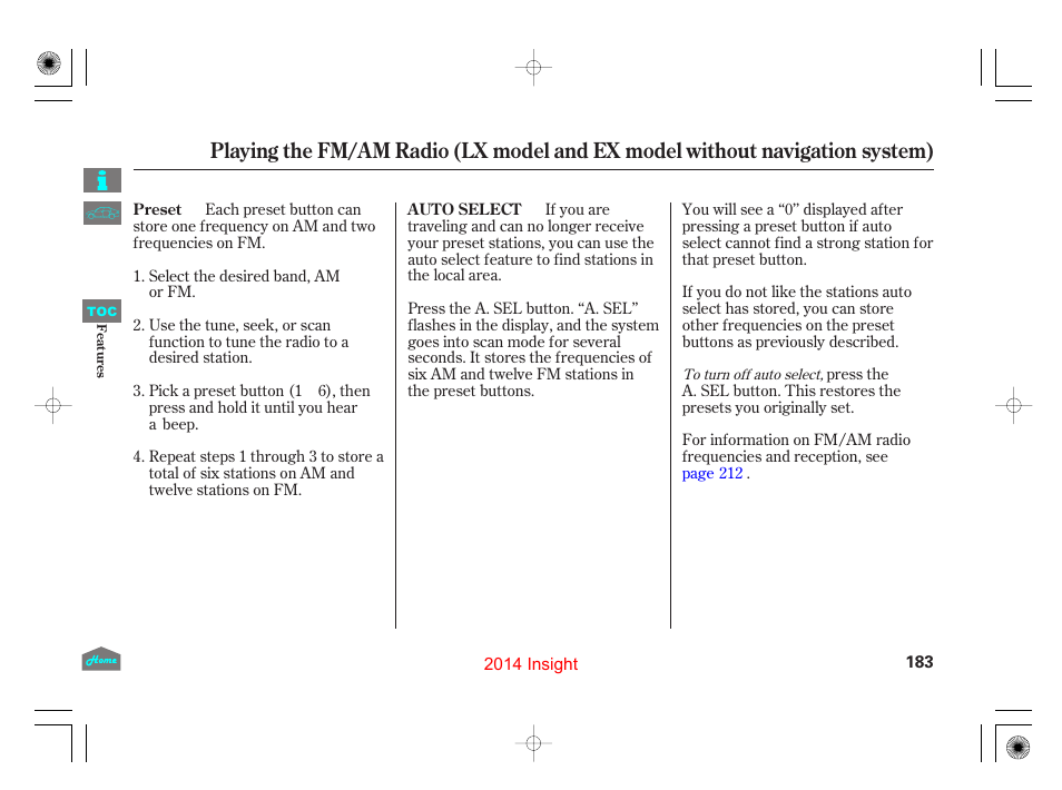 Playing the fm/am radio | HONDA 2014 Insight - Owner's Manual User Manual | Page 186 / 411