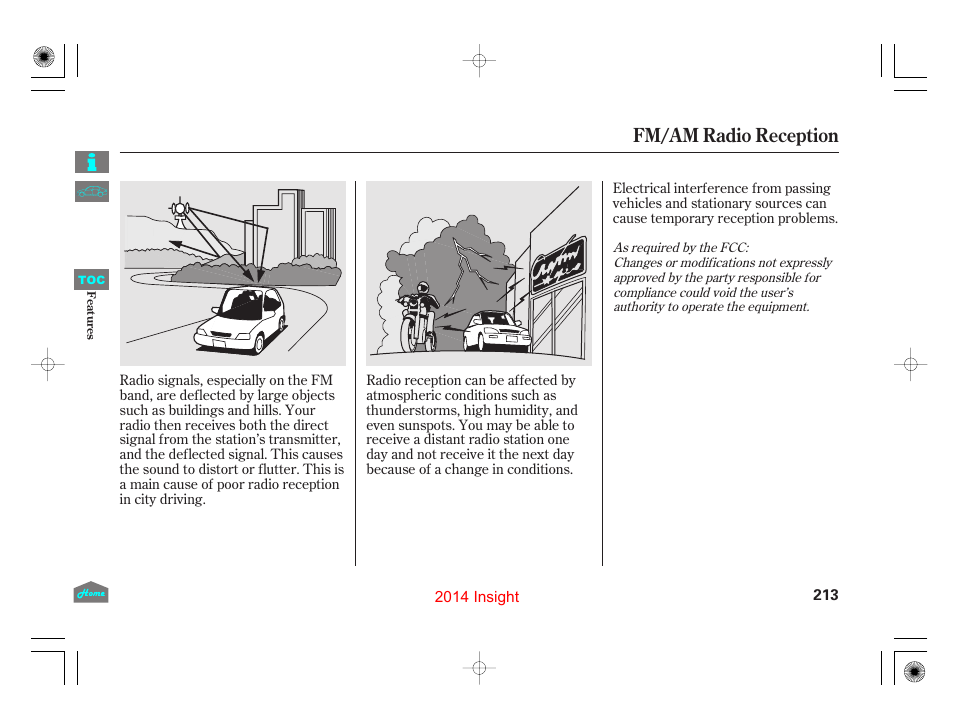 Fm/am radio reception | HONDA 2014 Insight - Owner's Manual User Manual | Page 216 / 411