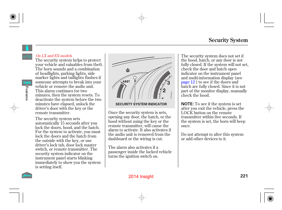 Security system | HONDA 2014 Insight - Owner's Manual User Manual | Page 224 / 411