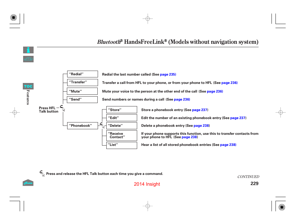 Handsfreelink (models without navigation system), Bluetooth, 2014 insight | HONDA 2014 Insight - Owner's Manual User Manual | Page 232 / 411