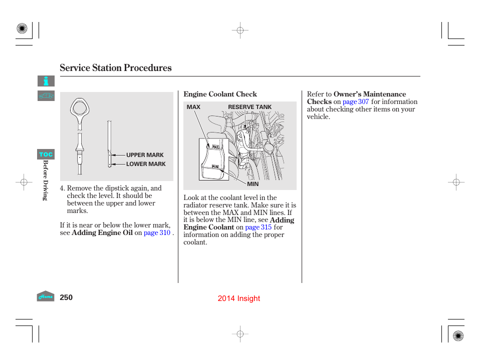 Engine coolant check, Service station procedures | HONDA 2014 Insight - Owner's Manual User Manual | Page 253 / 411