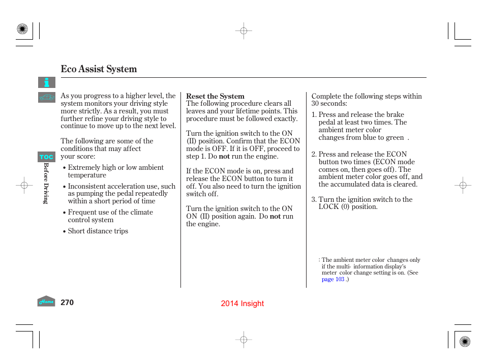 Eco assist system | HONDA 2014 Insight - Owner's Manual User Manual | Page 273 / 411