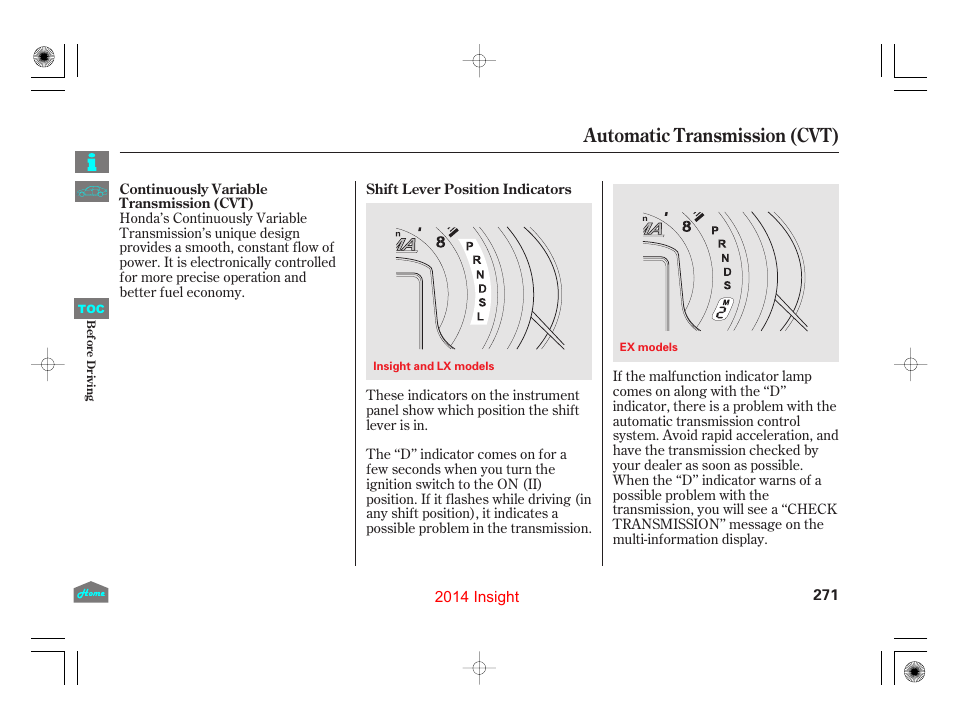 Automatic transmission (cvt), P.271 | HONDA 2014 Insight - Owner's Manual User Manual | Page 274 / 411