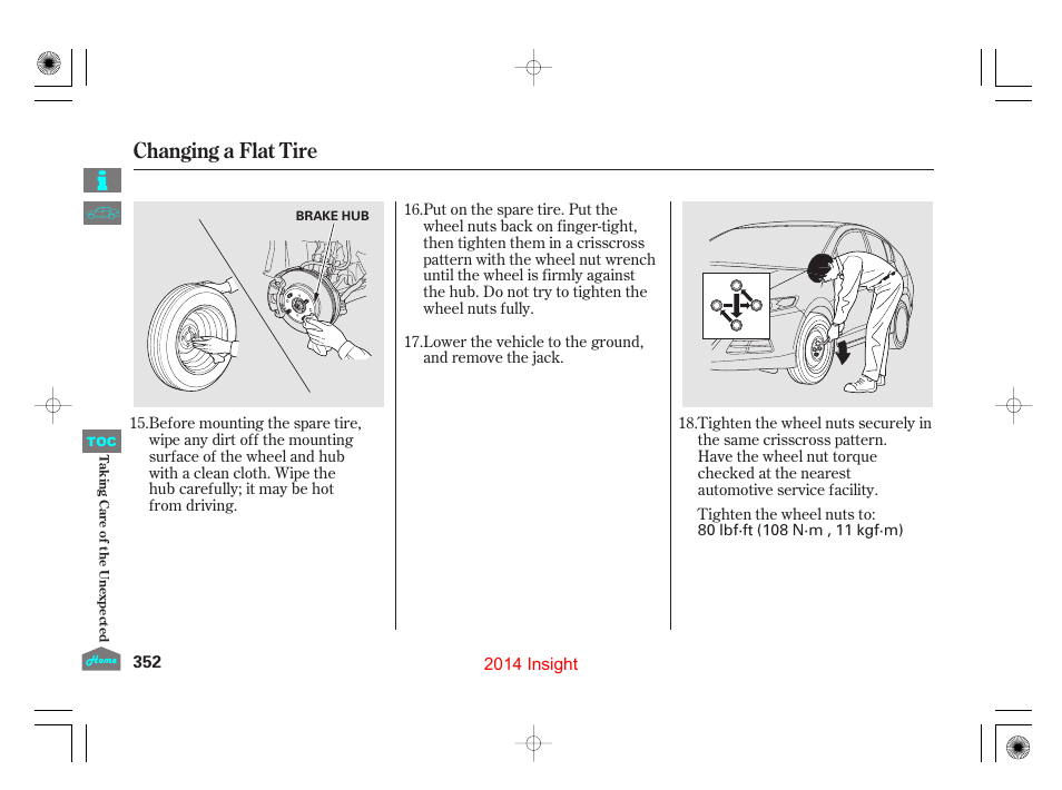 Changing a flat tire | HONDA 2014 Insight - Owner's Manual User Manual | Page 355 / 411