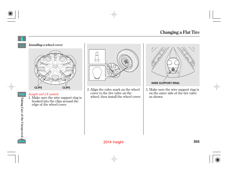 Changing a flat tire | HONDA 2014 Insight - Owner's Manual User Manual | Page 358 / 411