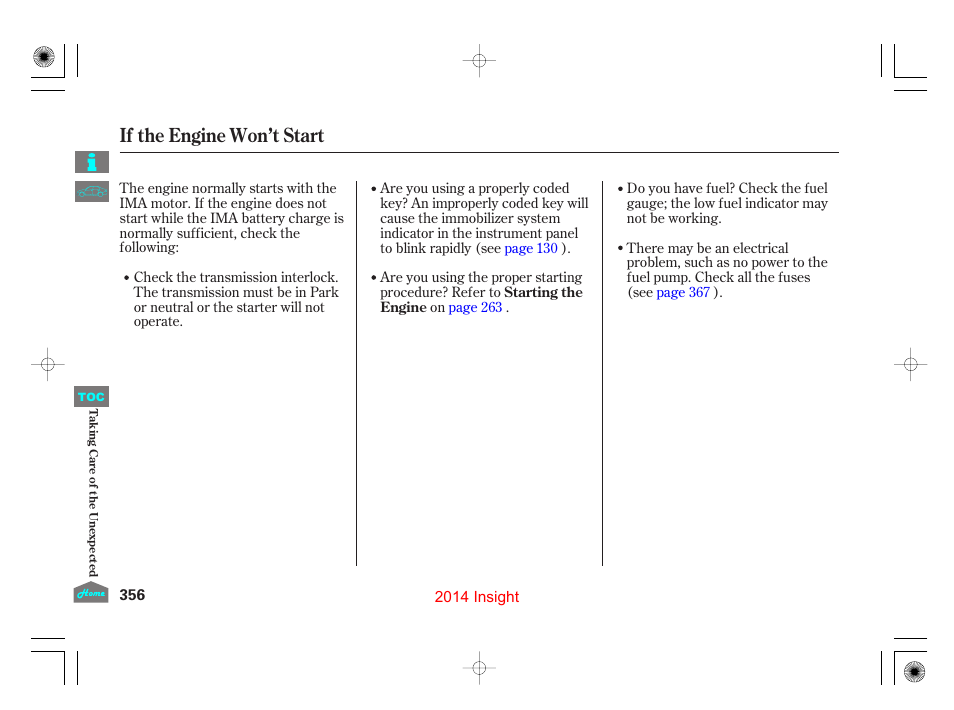 If the enginewon’t start, If the engine won’t start | HONDA 2014 Insight - Owner's Manual User Manual | Page 359 / 411