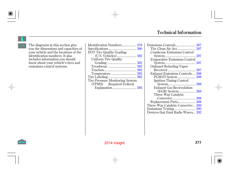 Technical information, Technical inf ormation | HONDA 2014 Insight - Owner's Manual User Manual | Page 380 / 411