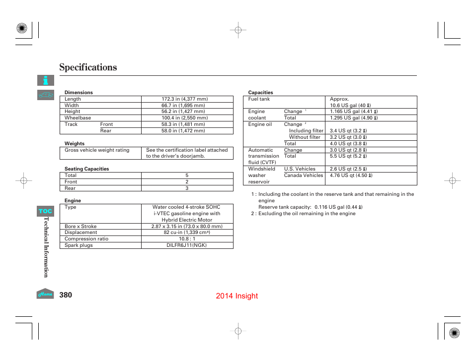 Specifications, 2014 insight | HONDA 2014 Insight - Owner's Manual User Manual | Page 383 / 411