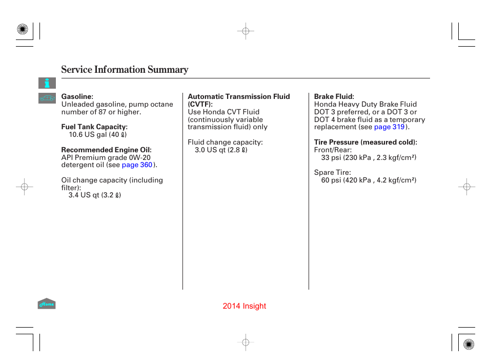 Service information summary, Service inf ormation summary | HONDA 2014 Insight - Owner's Manual User Manual | Page 410 / 411