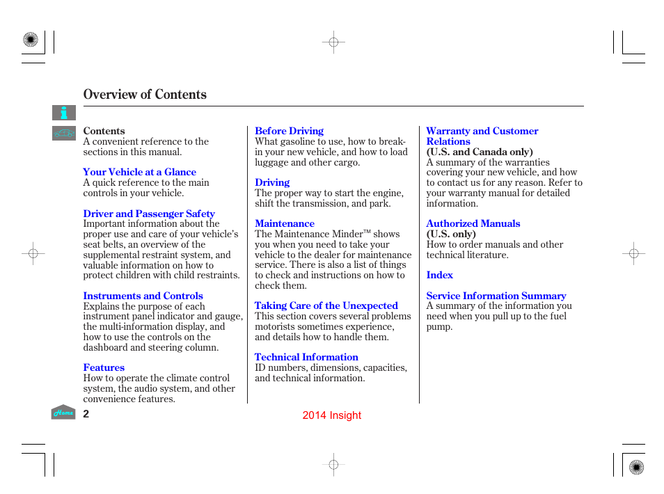 Overview of contents | HONDA 2014 Insight - Owner's Manual User Manual | Page 5 / 411