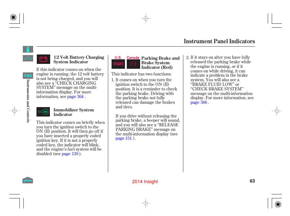 P.63, Instrument panel indicators | HONDA 2014 Insight - Owner's Manual User Manual | Page 66 / 411