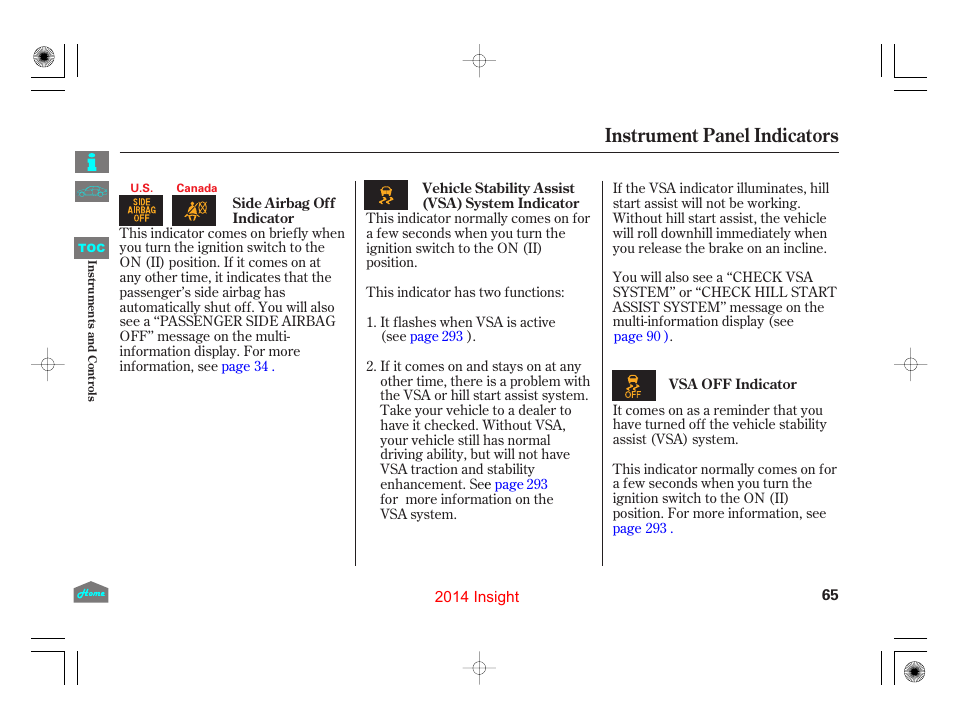 P.65), P.65, Instrument panel indicators | HONDA 2014 Insight - Owner's Manual User Manual | Page 68 / 411