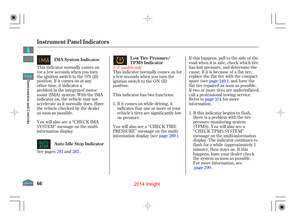 P.66), P.66, Instrument panel indicators | HONDA 2014 Insight - Owner's Manual User Manual | Page 69 / 411