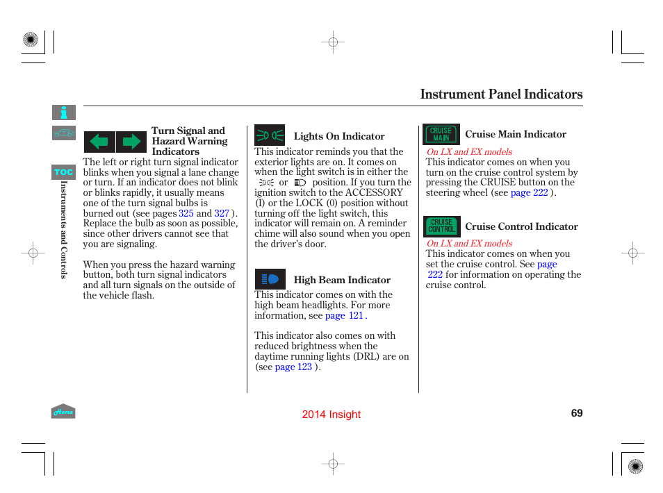 P.69), Instrument panel indicators | HONDA 2014 Insight - Owner's Manual User Manual | Page 72 / 411
