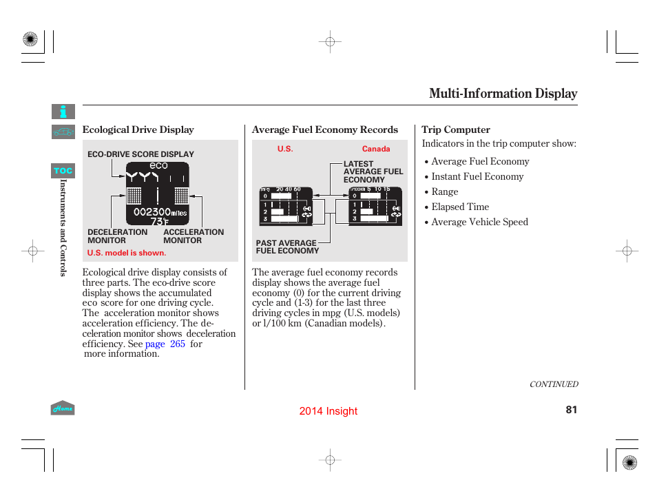 Multi-information display | HONDA 2014 Insight - Owner's Manual User Manual | Page 84 / 411