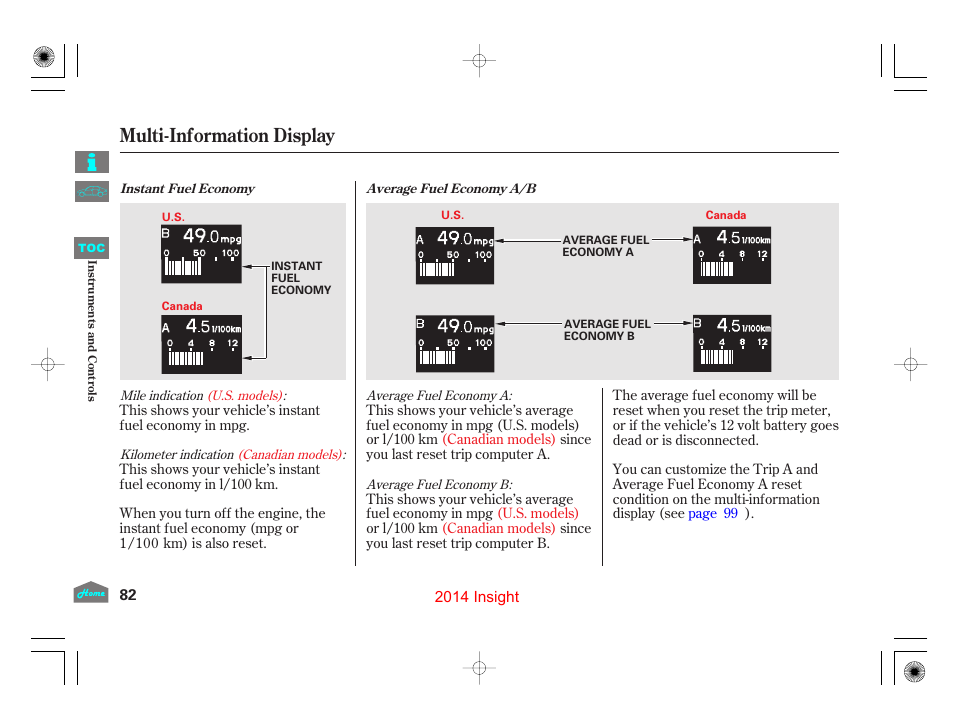 Multi-information display | HONDA 2014 Insight - Owner's Manual User Manual | Page 85 / 411