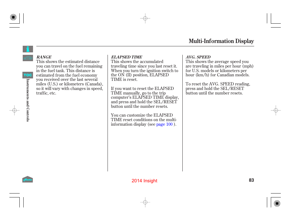 Multi-information display | HONDA 2014 Insight - Owner's Manual User Manual | Page 86 / 411