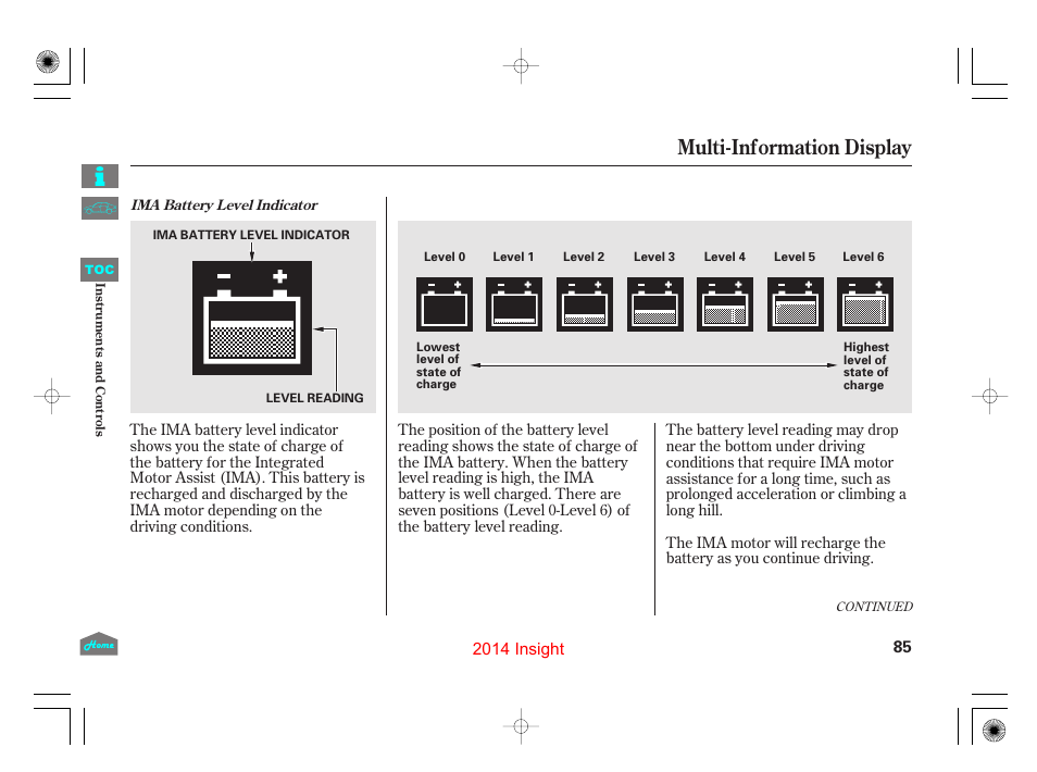 Multi-information display | HONDA 2014 Insight - Owner's Manual User Manual | Page 88 / 411