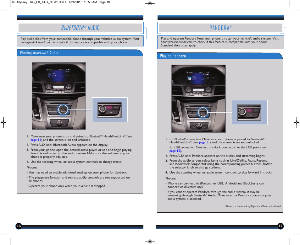 P.16, Pandora, Bluetooth | Audio, Playing bluetooth audio, Playing pandora | HONDA 2014 Odyssey (LX) - Technology Reference Guide User Manual | Page 10 / 12