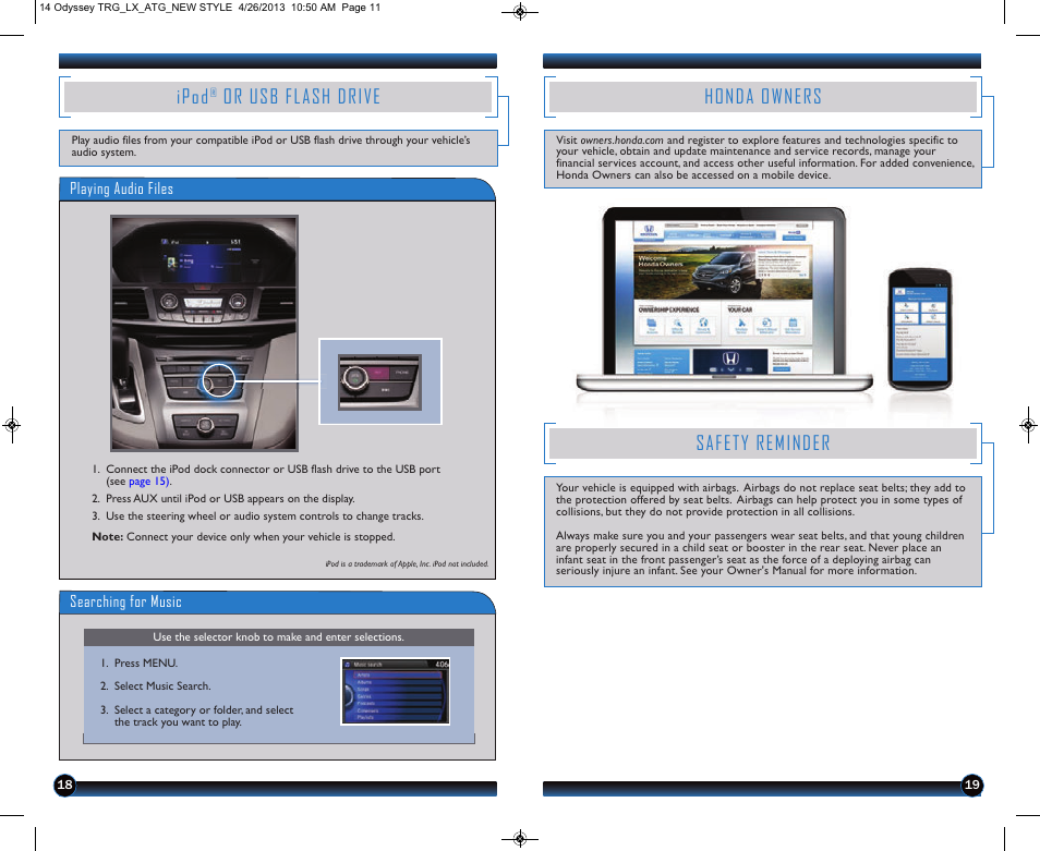 Ipod, Or usb flash drive, Honda owners | Safety reminder | HONDA 2014 Odyssey (LX) - Technology Reference Guide User Manual | Page 11 / 12